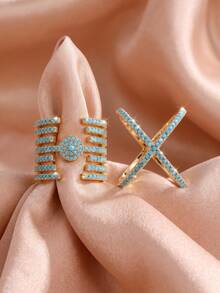 2pcs Fashion New Blue Turquoise Gold-Plated X-Cross Multi-Layer Geometric Open Ring Set - 2 Rings- - View 7