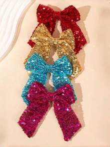 1/2/4pcs Sequin Bow Hair Clips, Long Ribbon Shiny Hair Clips, Y2K, Birthday Party, Stage - Multicolor - View 18