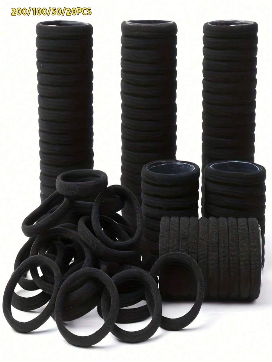 200/100/50/20 Stück schwarze nahtlose Nylon-Haargummis, hohe Elastizität, nicht schädigend, dick und weich, Ponytail-Haarbänder, geeignet für Frauen, Teenager und Erwachsene, für dickes, lockiges oder glattes Haar, starke hoch elastische Haargummis für Fitness, Sport, Yoga, Laufen, rutschfeste Haaraccessoires - Schwarz - Übersicht 1
