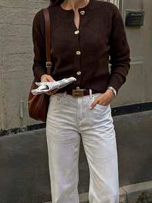 Women's Casual Cute Y2K Gold Button Long Sleeve Knit Cardigan Sweater , French Style Autumn/Winter Outing Back To School Date Commute Brown - Brown - View 10