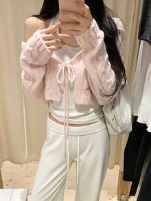Atasan Cardigan Wanita Model Syal Berkerah V dengan Tali Renda di Depan untuk Awal Musim Gugur, Gaya Lembut Prancis, Warna Pink - Berwarna merah muda - View 2