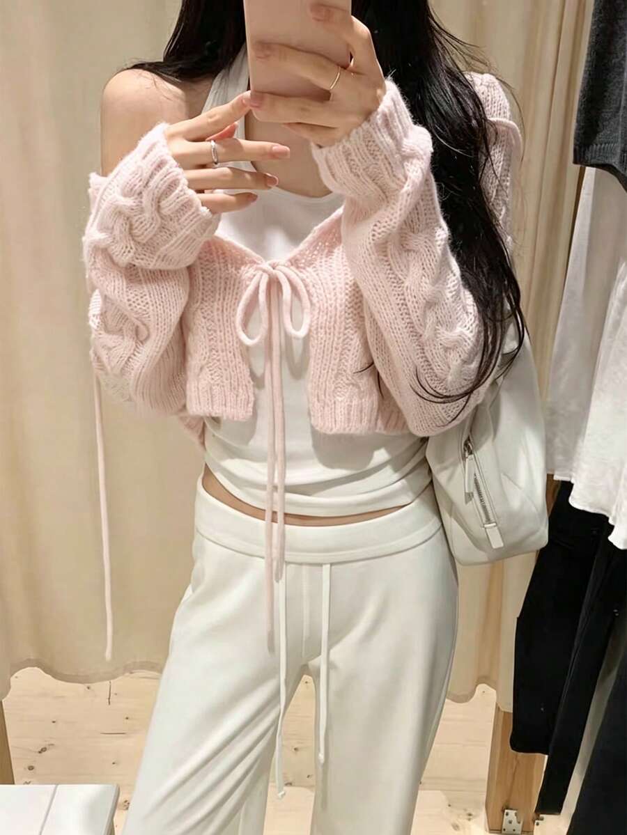 Atasan Cardigan Wanita Model Syal Berkerah V dengan Tali Renda di Depan untuk Awal Musim Gugur, Gaya Lembut Prancis, Warna Pink