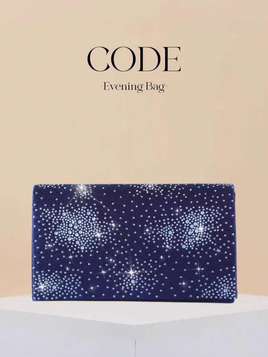 CODE 1件裝亮面優雅百褶水鑽女款手提包,時尚迷人晚宴手拿包,信封式隱藏卡槽設計,可拆卸金屬鍊條單肩包,派對女孩、新娘與節日禮物的理想選擇 - 藏蓝色 - 查看 1