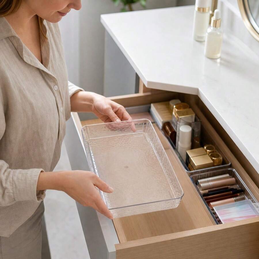 صينية بلاستيكية شفافة مستطيلة 32x22x5 سم، منظم تخزين بنسيج للمكياج & لوازم المكتب & طاولة الزينة - الأسود - مشاهدة 1