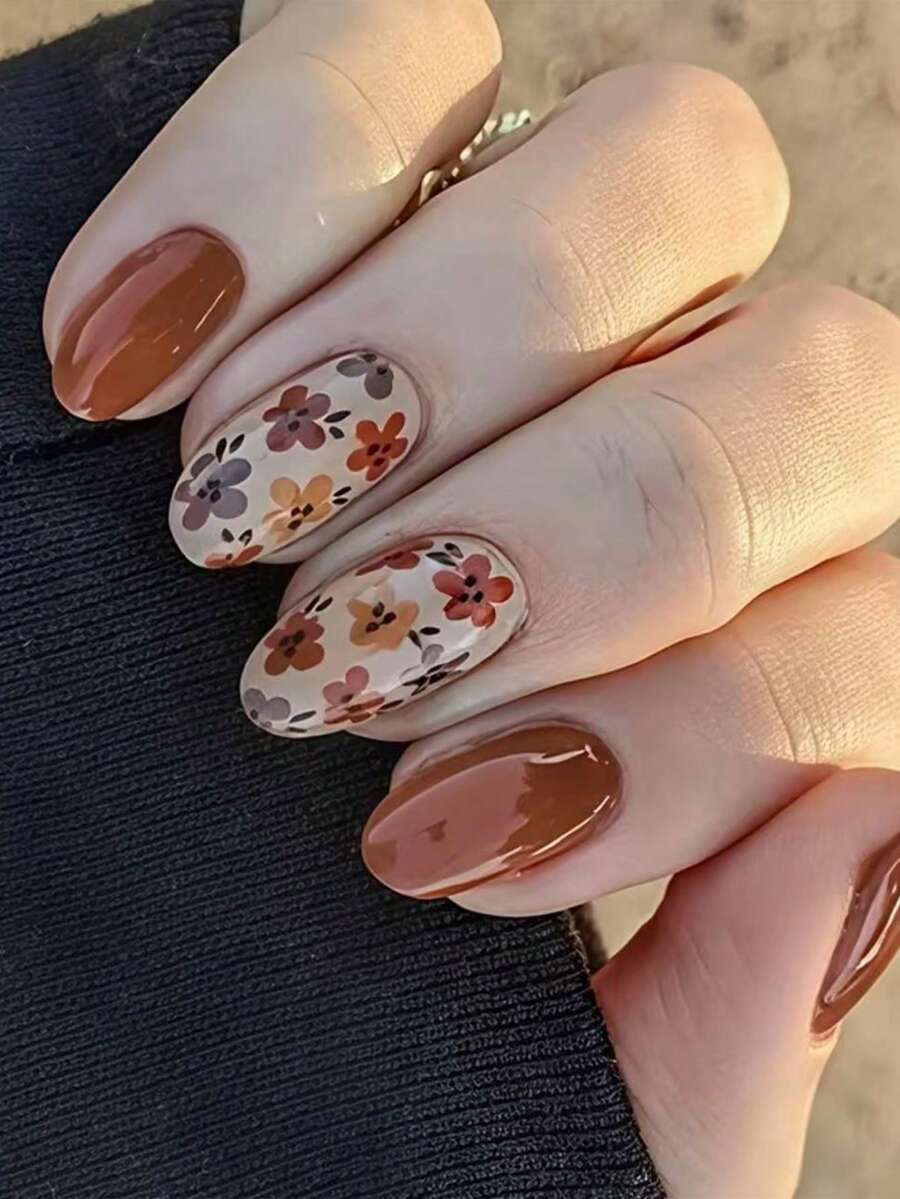 24pcs Short Round Press-On Nails, Brown Floral Nail Stickers, Women's Fake Nails - Multicolor - View 1