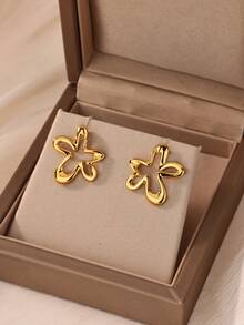 1Pair/1Set Irregular Hollow Flower Earrings, 18K Gold Plated Stud Earrings, Minimalist Abstract Women Jewelry For Daily Dating Party Gifts - Multicolor - View 1