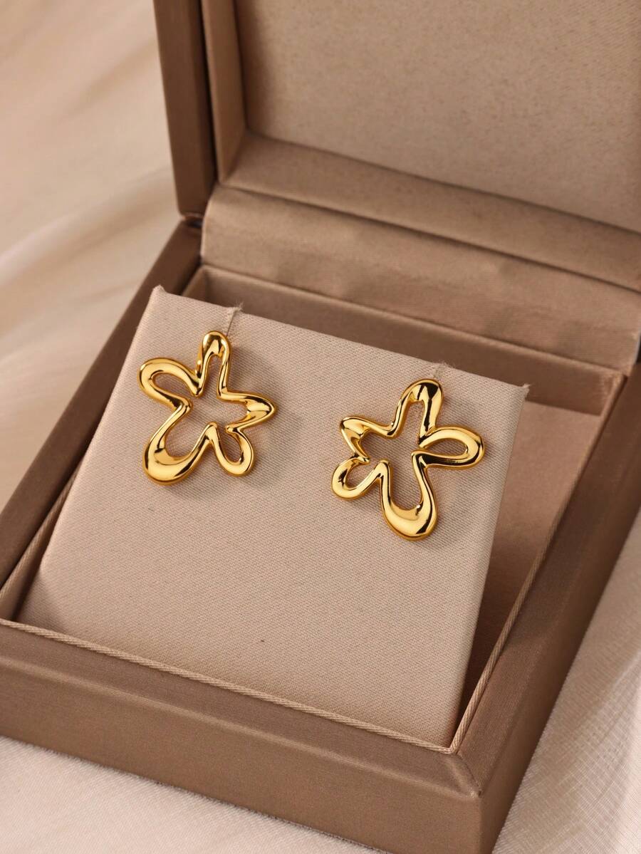 1Pair/1Set Irregular Hollow Flower Earrings, 18K Gold Plated Stud Earrings, Minimalist Abstract Women Jewelry For Daily Dating Party Gifts - Multicolor - View 1