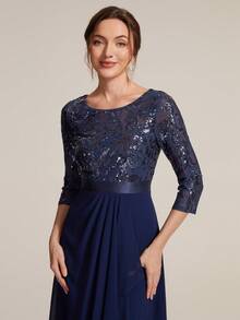EVERPRETTY Elegant Women's Navy Blue Sequin Midi Dress, Asymmetric Ruffle Hem And Three-Quarter Sleeves, Noble Formal Gown - Navy Blue - View 2