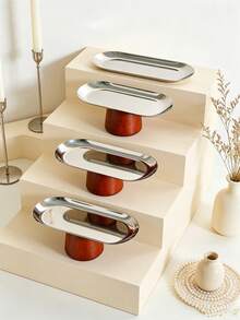 1pc Stainless Steel Silver Oval Tray + Solid Wood Base, Cosmetic Storage Organizer . Perfume Display Tray . Bedroom Nightstand Organizer Tray, . Kitchen Spice Storage . Entryway Key Tray . Office Desk Organizer, Home Daily Storage Essential, Holiday Party Serving Tray And Platter, Family Gathering Blessing Ritual Home Banquet Display, Cosmetic Jewelry Storage Tray, Christmas Halloween Gift. - Silver - View 9