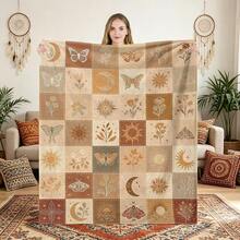 1PC Vintage Warm Brown Patchwork Sun Moon Moth & Plant Print Flannel Throw Blanket, Bohemian Style, For Home, Living Room, Sofa, Nap, Decorative Air Conditioning Blanket - Multicolor - View 2