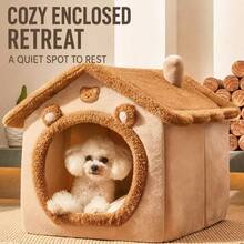 Cute House-Shaped Cat Bed With Matching Cushion, Indoor Plush Pet Cave Bed For Cats And Small Dogs, Brown Bear/Grey, S/M/L - Multicolor - View 4