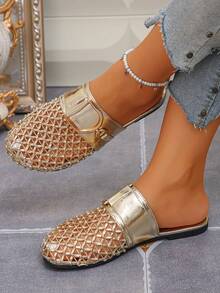 Women Gold Hollow Out Slip-On Flat Slides, Cushioned Low-Heel Plus Size Shoes, Ideal For Outdoor Travel, Casual Dinner & Gatherings - Golden Diamond PU - View 1