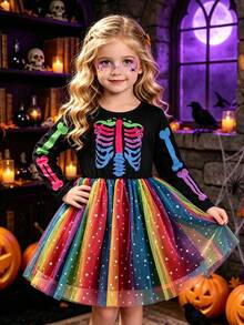 1pc Girls Toddler Casual Skull, Star & Moon Pattern Soft Comfortable Knit Mesh Dress, Suitable For Outdoor Wear, Autumn/Winter - Black - View 1