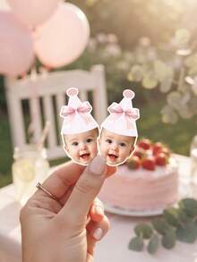 Custom Face Birthday Sticker,Personalized Baby Girl Portrait Pink Bow Party Hat,Baby Shower Decor Supply,1st Birthday Party Favor,Gender Reveal Gift - Multicolor - View 5