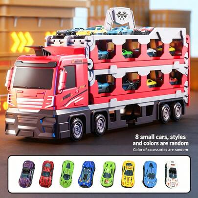 Mainan Mobil Angkut Barang Anak-Anak dengan Rel Geser Dua Lapis, Model Simulasi Mobil Teknik Kendaraan Angkut Bertenaga Inersia, Termasuk 8 Mobil Kecil, Hadiah yang Cocok untuk Anak Laki-Laki dan Perempuan Usia 3-6 Tahun