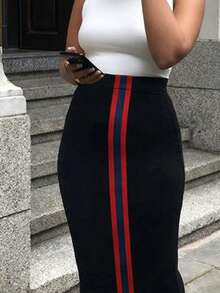 Plus Size Women's Bodycon Pencil Skirt, Elastic Contrast Color Decor Slim Fit, Commuter Office Wear, Slimming Skirt, Spring Autumn Summer Daily Black - Black - View 4