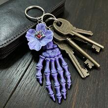 Purple Skull Hand Light Purple Fabric Flower + Black Crow Pendant Keychain, Gothic Style Halloween Key Ring, Halloween Gift Party Favor, Thriller Atmosphere Single Party Women's Bag Charm Accessory - Purple - View 6