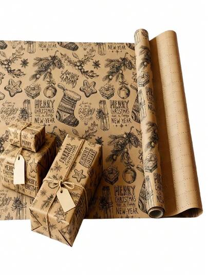 1PC Vintage Christmas Gift Wrapping Paper, Elegant Brown Kraft Paper Decorated With Holly Leaves, Snowflakes, Bells, Stars And Candy Cane Patterns, Suitable For Christmas, Birthday, Gift Giving, Wedding, Valentine's Day, Birthday, Christmas, Baby Shower, DIY Bouquet Wrapping Paper