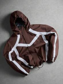 Functional Brown & White Stripe Patchwork Hooded Sports Jacket, Loose Casual Versatile Outdoor Coat - Brown - View 3