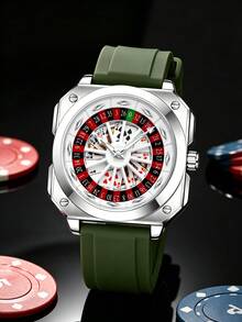 VA VA VOOM 1pc Men's Lucky Quartz Watch - Rotating Dial, Luminous Markers, Waterproof Silicone Strap - Green - View 9