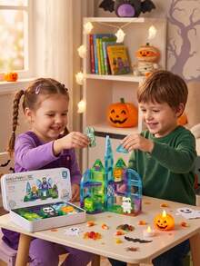 32PCS Halloween Magnetic Building Blocks Toy Set With Portable Storage Box, Cute Ghost Pumpkin Castle Montessori Educational DIY Toy, Essential Educational Learning Sensory Toy, Travel Play Set, Birthday/Halloween Party Favor Gift For Kids Girls Boys - Multicolor - View 4