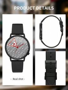 Guess Unisex Quartz Analog Wristwatch Black Leather Strap Geometric Monogram Pattern Dial Graphic Details For Business Casual And Sophisticated Daily Style - Black - View 8