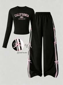 Tween Girl Cartoon Print Crew Neck Top And Pants Set - Black - View 1