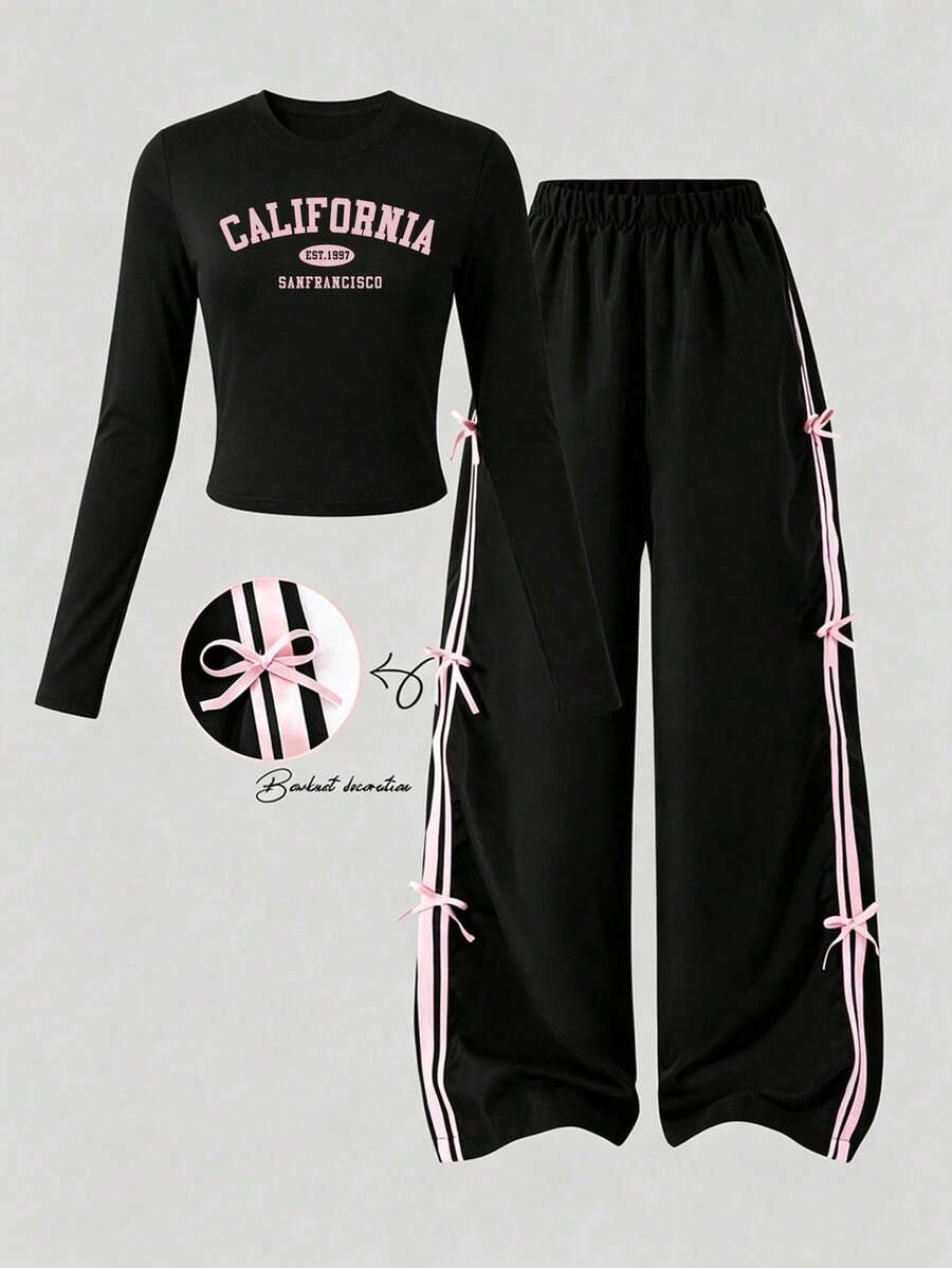 Tween Girl Cartoon Print Crew Neck Top And Pants Set - Black - View 1