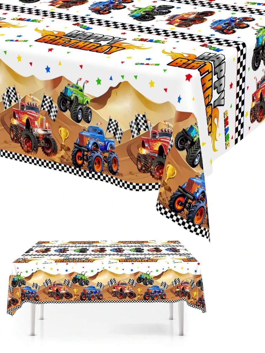1pc Cartoon Off-Road Vehicle Tablecloth,137*183cm Happy Birthday Disposable Tablecloth,PE Table Runner For Table Decor,Boys Birthday Party Supplies