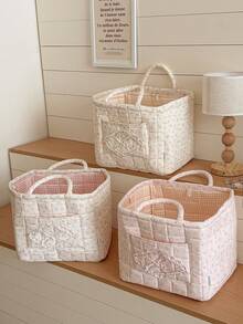 Rose Print Storage Basket With Dual Handles, Soft Quilted Floral Pattern With Pocket, Bedroom Clothes & Sundries, Clothing, Toys Organizer Storage Bin - Multicolor - View 1