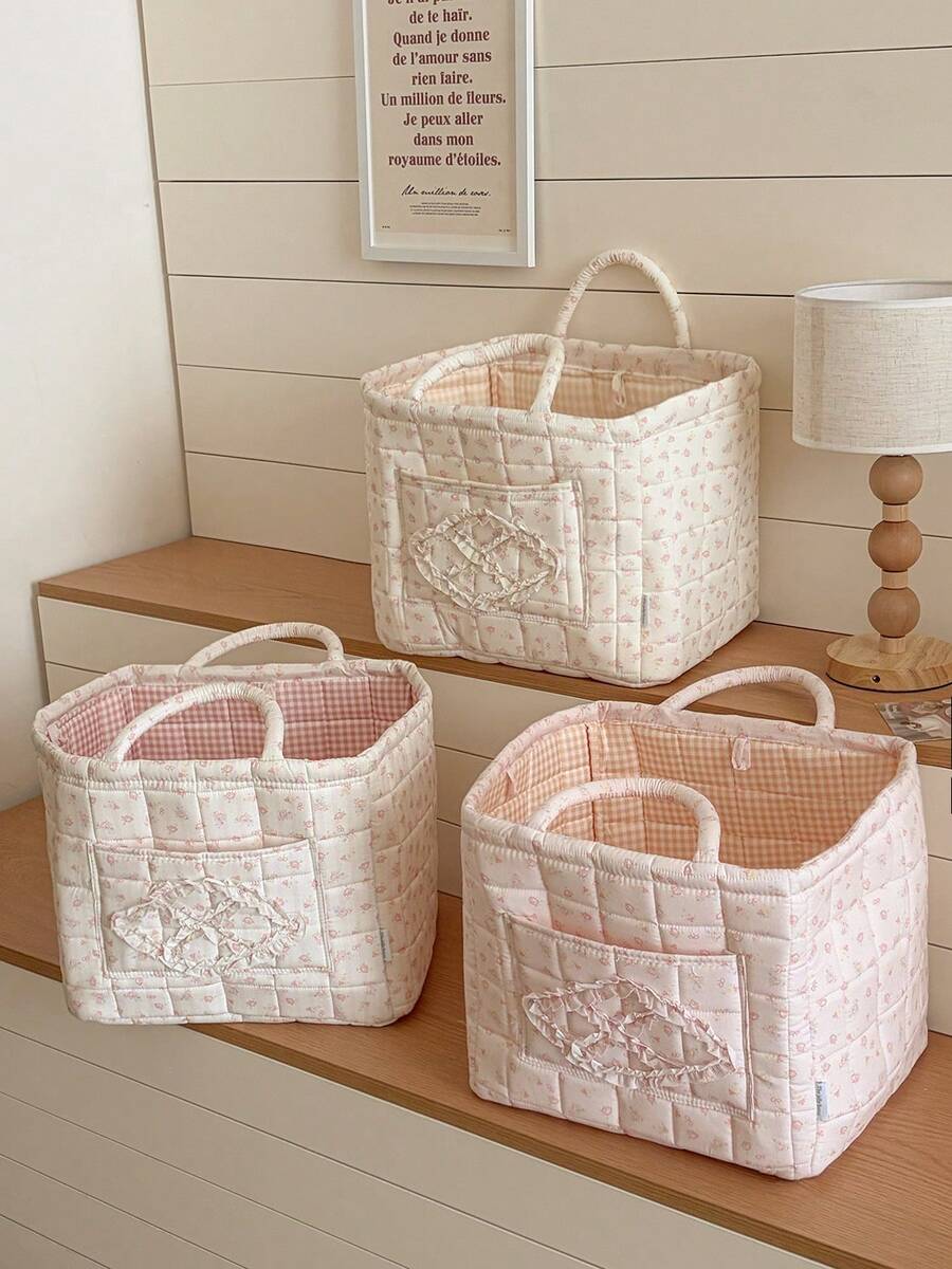 Rose Print Storage Basket With Dual Handles, Soft Quilted Floral Pattern With Pocket, Bedroom Clothes & Sundries, Clothing, Toys Organizer Storage Bin - Multicolor - View 1