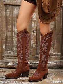 Women's Tall Boots 2025 New Spring/Autumn Vintage Embroidered Boots Chunky Heel Knight High Shaft Western Boots - Coffee Brown - View 4
