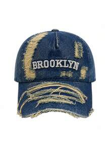 1件中性款做舊水洗牛仔棒球帽，BROOKLYN字母刺繡復古磨損破洞卡車帽，可調節街頭風Y2K遮陽帽 - BROOKLYN牛仔破洞 - 查看 6