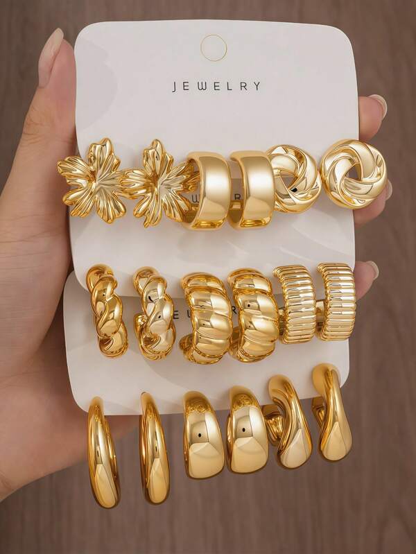 9 Pairs Gold Women's Multi-Piece Earring Set, Floral, Round Twisted Geometric C-Hoop Versatile Metal Earrings, Commute Versatile Geometric Floral Earring Set (Lightweight CCB Material, Non-Fading)