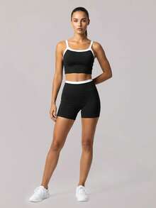Sodalemon Women Contrast Color Gym 2PCS Set Adjustable Straps Removable Pads Yoga Tank Top Color Block Waistband Lift Buttocks Fitness Shorts Workout Sets - Black - View 5