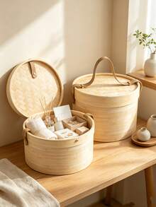 Natural Bamboo Woven Gift Box With Leather Handle, Round Handheld Storage Basket, Reusable Holiday Gift Packaging Box, Wedding Gift, Home Decor - Multicolor - View 2
