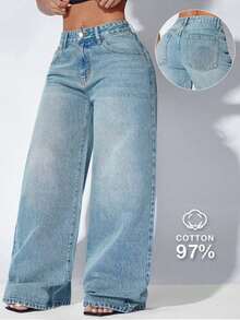 Low Waist Loose Casual Blue Diagonal Pocket Curved Hem Women's Denim Shorts Fall - Dusty Blue - View 1