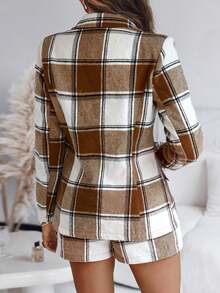 ChicMe Women's 2-Piece Plaid Suit Set, Lapel Jacket With Skort, Vintage Casual Business Commute Outfit - Coffee Brown - View 4