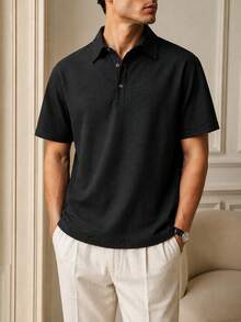 Blueprint Man 男士 Polo 衫 1 件，淺色仿亞麻紋理 Polo 領短袖 T 恤，垂墜仿亞麻面料，寬鬆舒適日系休閒輕商務通勤款，適合春夏日常通勤商務休閒穿搭或疊穿 - 黑色 - 查看 4