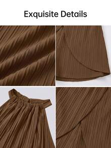 BIUBIU Women's Fashion Plus Size Brown Pleated Short Jumpsuit, Sleeveless Round Neck Tie Back, Woven Fabric, Suitable For Autumn Wear Summer - Brown - View 7