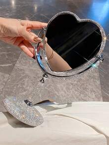1pc High Definition Double-Sided Makeup Mirror, Highly Attractive Sparkling Artificial Rhinestone Decorated, Rotatable Desktop Mirror, Travel Portable Detachable Touch-Up Mirror, Gift - Silver - View 8