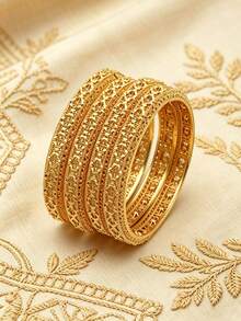 1/4Pcs Eid Mubarak Hollow Leaf Pattern Gold Plated Bangles Set,Dubai Arabic Muslim Women Wedding Party Bracelet For Ramadan Gift - Yellow Gold - View 8