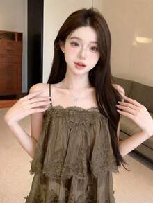 Atasan Camisole Renda Multilayer Gaya Lembut dan Tahan Lama untuk Wanita, Desain Asimetris Kasual Musim Panas - Coffee Brown - View 8