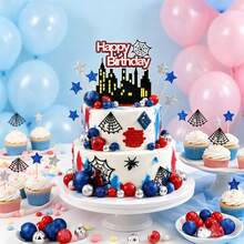 33 Peças Conjunto de Decoração de Bolo Revelação de Gênero de Super-Herói, Decoração de Teia de Aranha Vermelha, Azul, Prata, Cidade, Horizonte, Estrela, Bola, Decoração de Bolo de Aniversário com Tema, Adequado para Chá de Bebê, Suprimentos para Festa de Revelação de Gênero de Menino - Multicolorido - Visão 3
