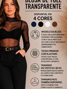 KIT 2 Women's Elegant And Modern Black And White Long Sleeve Tulle Blouse With Faux Collar - 黑白套裝 - 查看 3