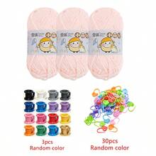 3 Rolls 100% Polyester Yarn Set With 30pcs Random Color Stitch Markers + 3pcs Finger Protectors DIY Doll Scarf Knitting Tools - Multicolor - View 32