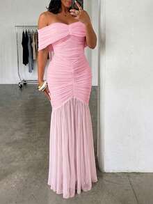 ChicMe Vestido largo con hombros descubiertos y drapeado, vestido de cóctel ajustado sin mangas con silueta de sirena para mujer - Rosa Pálido - Ver 3