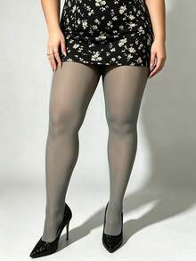 1pc 80D Women's Plus Size Elastic Tight Leggings, Spring/Autumn Grey Semi-Sheer All-Match Versatile Tights, Breathable Soft Comfortable Pantyhose, Office Wear, Sexy Fashion Stockings, Halloween/Christmas Outfit, Up To 300lbs - Grey - View 2