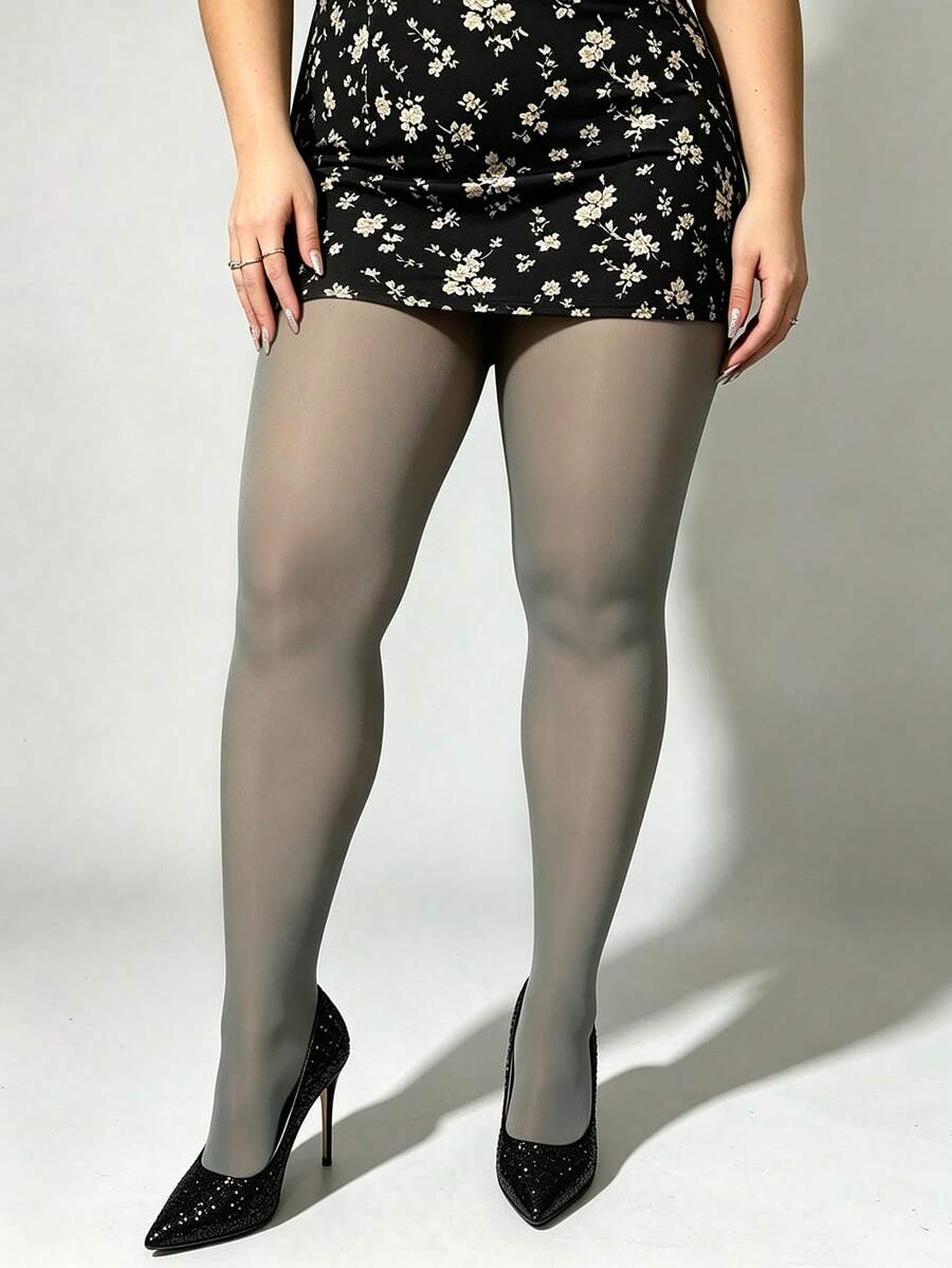 1 pieza Mallas elásticas ajustadas de talla grande para mujer 80D, gris semitransparente versátil para primavera/otoño, medias transpirables suaves y cómodas, para oficina, medias de moda sexy, atuendo de Halloween/Navidad, hasta 300 lbs - Gris - Ver 1