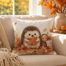 1pc Cute Hedgehog & Maple Leaf Cushion Cover, Single-Sided Printed Skin-Friendly Peach Skin Velvet Material, 45*45CM/18*18inch Pillowcase For Room Decor, Modern Fabric Sofa Indoor Decoration, Party Decor, Gift Giving - Multicolor - View 1
